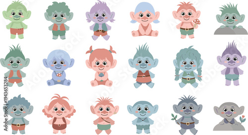 Cute Troll Cartoon Character Vector Set with Fantasy Goblin Creatures, Colorful Hair, and Adorable Magical Monster Illustration Collection