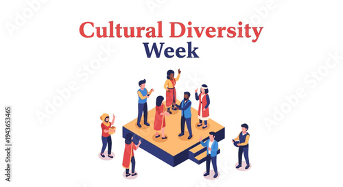 Illustration of diverse people celebrating Cultural Diversity Week with unity and inclusivity concept on a colorful graphic design.