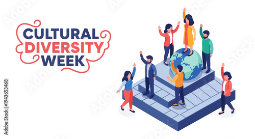 Illustration of diverse people celebrating Cultural Diversity Week with a globe on a podium, promoting unity and multicultural community concept in a vibrant and inclusive setting.