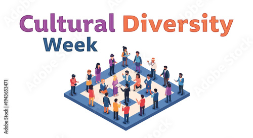 Illustration of a multicultural community coming together in a square formation celebrating cultural diversity week with a vibrant and inclusive mood.