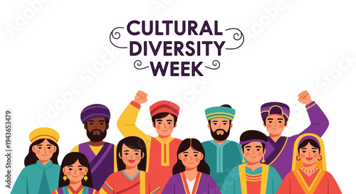 Illustration of diverse people celebrating Cultural Diversity Week with raised fists and colorful attire against a white background.
