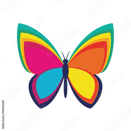 Colorful, layered butterfly illustration with a gradient design and bold colors