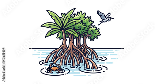 Mangrove trees in coastal ecosystem with wildlife.