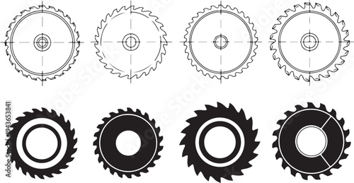 Set of eight gear and cogwheel designs in various styles and detail levels