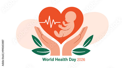 Hands cradling a heart with a fetus and ecg line surrounded by leaves for world health day 2020