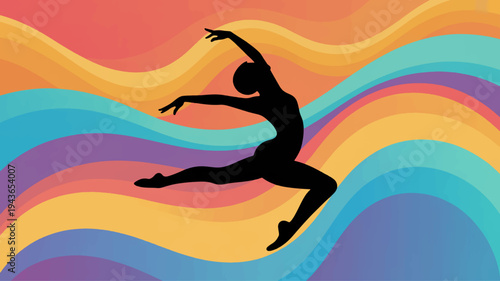 Dancer silhouette jumping high in air against vibrant wavy colorful background with dynamic movement