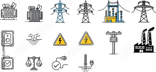 Electrical Power Grid Icon Set Featuring Vector Illustrations of Transformers High Voltage Towers Power Plants Warning Signs and Industrial Energy Infrastructure for Technical Graphic Design