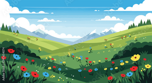 Colorful meadow scene, featuring mountains and blue sky with fluffy clouds