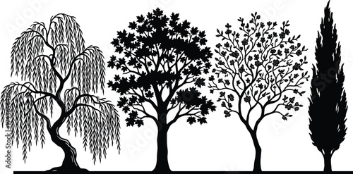 A versatile ensemble of distinct tree silhouettes, from a graceful weeping willow to a towering cypress, offering stylized natural forms for diverse design projects and environmental illustrations