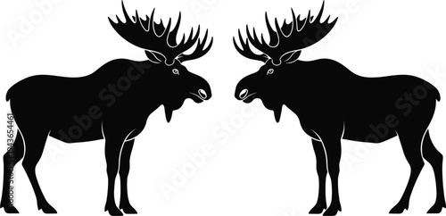 Moose silhouette facing each other, wild elk animal illustration, forest wildlife mammal icon, symmetrical antlered moose design isolated on white background nature concept