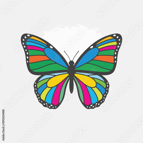 Colorful, symmetrical butterfly illustration with black outlines and white spots