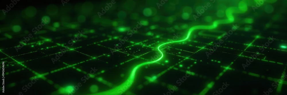 Obraz premium Cascading green code flows on a black digital matrix background with glowing grid patterns , high-tech, digital, network security
