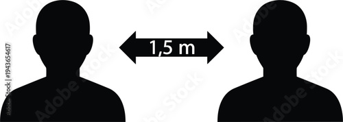 Social distancing silhouette concept, two people keeping 1.5 meter distance, safety prevention symbol isolated on white background for health protection guideline illustration