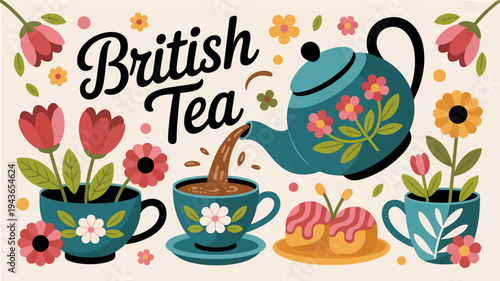 Vibrant british tea party scene with floral teapot and cups on a sunny background