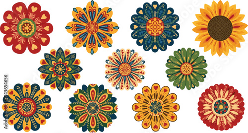 Colorful folk floral mandala collection with decorative flowers and sunflower, vintage ornamental round pattern vector illustration set