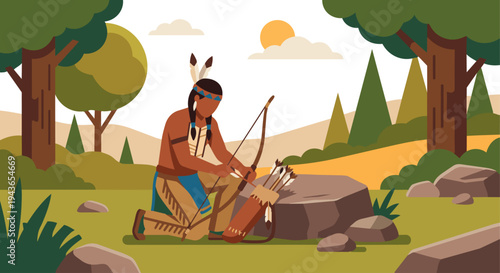Native American Warrior Preparing for Hunt

Flat vector illustration of a Native American warrior preparing a bow and arrows before a hunt. Woodland or prairie background with trees and rocks. 