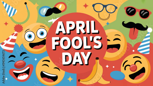 Colorful april fool's day emojis with accessories on multicolored background