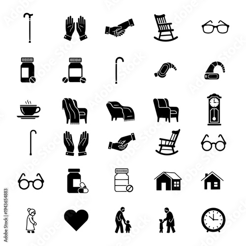 Senior Citizens and Elderly Care Silhouette - Old People with Wheelchair and Medical Gear