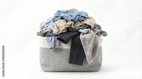 Overflowing laundry basket filled with a large pile of dirty or worn clothes ready for washing on a clean white background
