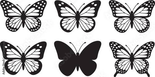 A collection of six monarch butterfly outlines and solid silhouettes against a clean white background