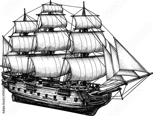 Pirate ship or sailing boat vintage drawing or antique style illustration
