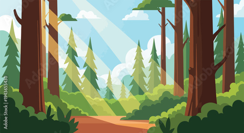 Forest landscape with sunlight through trees and path