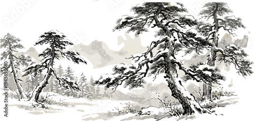 Tranquil winter landscape painting with snow-covered pine trees and misty mountains in the distance