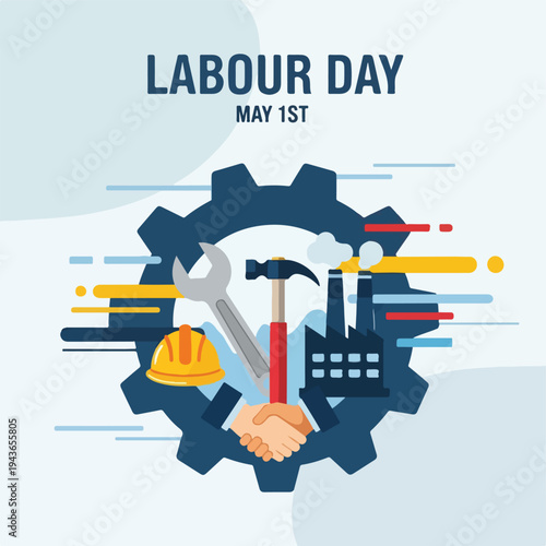Illustration of Labour Day, with gear, tools, handshake, and factory