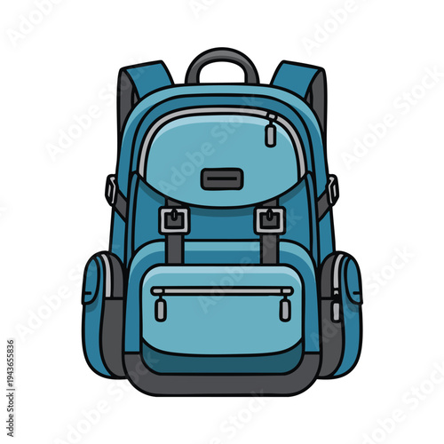 A blue backpack with multiple compartments, straps, and buckles