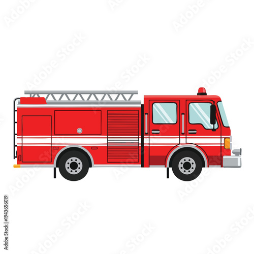 Red and white fire truck with ladder and siren, detailed side view