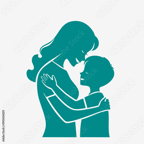 A woman tenderly hugs a young boy in a warm embrace indoors.