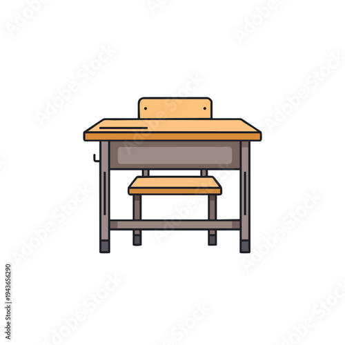 A simple, flat-design image of a wooden school desk and chair