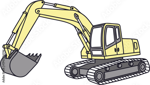 Yellow crawler excavator for construction and mining work, isolated on transparent background.