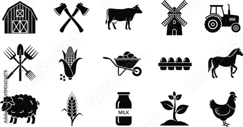 Farming and agriculture black silhouette icons set featuring tractor barn windmill livestock and garden tools isolated on white background for organic food industry design