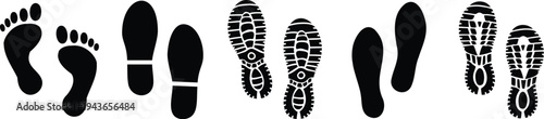  Human Shoe Print and Footprint Icons Set. Vector