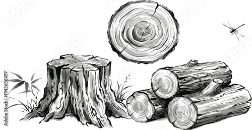 Monochrome illustration featuring various wood elements a tree stump, a cross-section of a log, and cut timber, representing forestry and natural resources