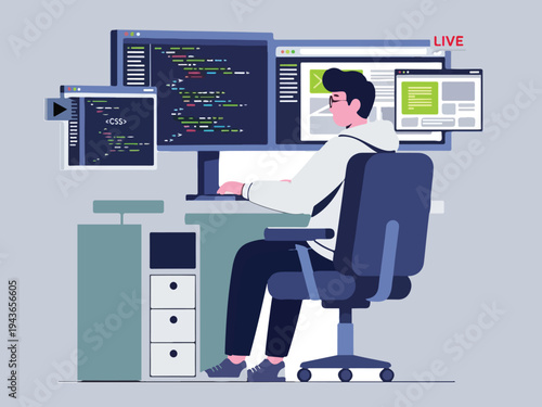 Illustration of a man sitting at a desk with multiple computer monitors and coding on a keyboard in a modern office setting with various screens