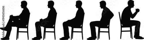 Black silhouettes of man sitting on chair in various positions and side view poses isolated on white background vector illustration