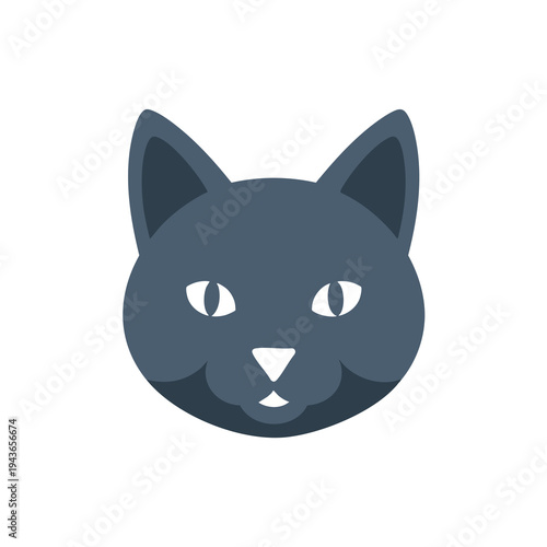 A minimalist, flat, dark gray cat face with white eyes and nose