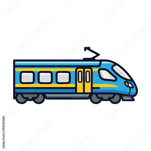 A blue and yellow cartoon train with an antenna on top