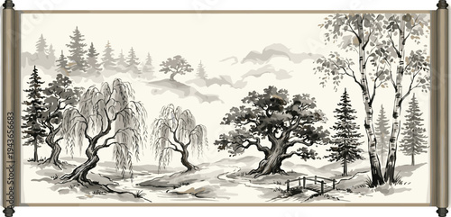 Serene Japanese Ink Painting of Majestic Trees and Misty Landscape with a Stone Bridge