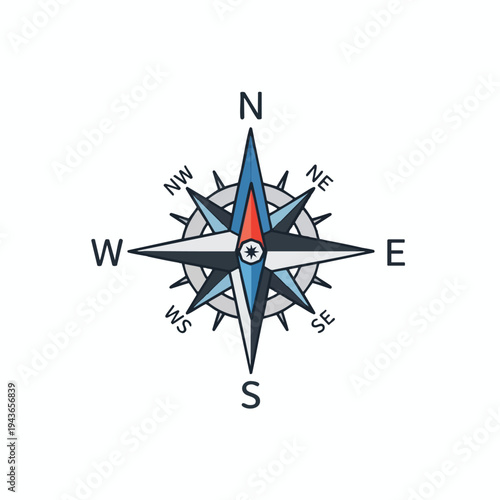 Stylized compass rose with directional indicators N, S, E, W and intermediate points