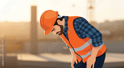 Exhausted construction worker feeling tired after a long day on the job site, illustrating the demanding nature of industrial labor and occupational stress