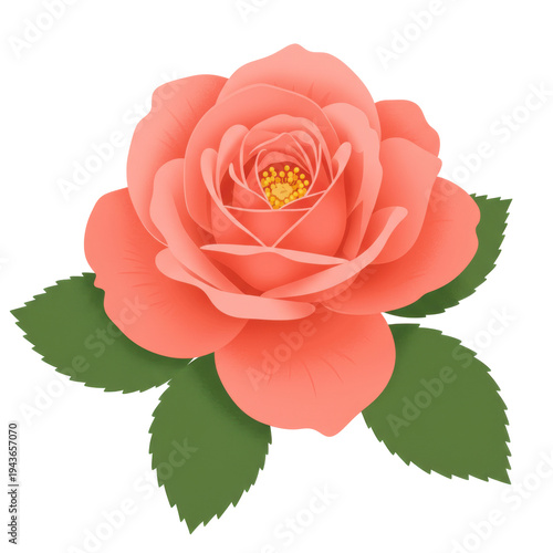 A detailed coral rose with green leaves on white background isolated on white background