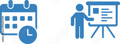 Business presentation and event scheduling vector icon set for professional project planning, corporate seminars, and workshop management