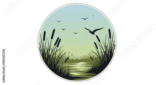 Serene wetland landscape with cattails and birds.