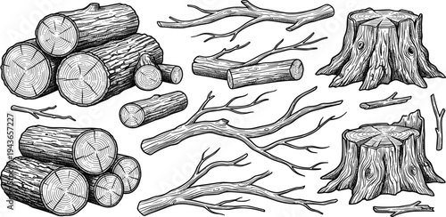 Collection of wooden elements logs, branches, and tree stumps in a hand-drawn sketch style