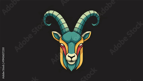 Stylized Goat Head with Majestic Horns and Vibrant Colors.