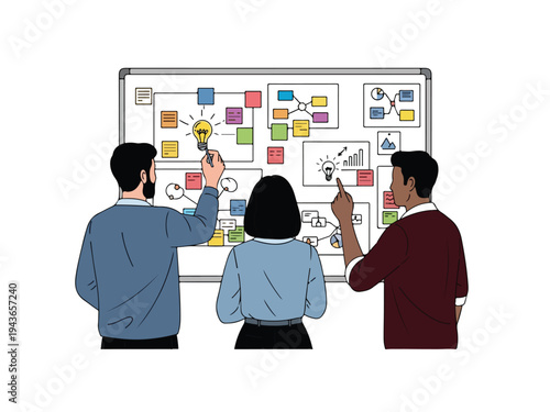 Three people standing in front of a whiteboard covered in colorful sticky notes and diagrams isolated on white background