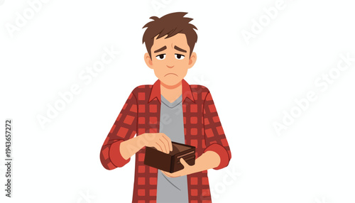 Sad young man looking into his empty wallet, symbolizing financial hardship and poverty